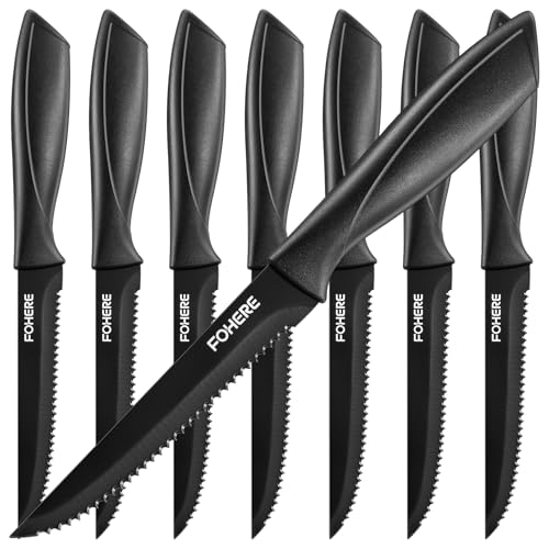 FOHERE 8 Steakmesser Set, Schwarze Steakmesser mit Sägezahn, Edelstahl, Küchenmesser, Perfekt für Weihnachtsessen, Silvesterfeiern,...