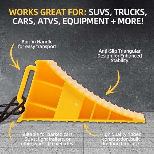 Image of Homeon Wheels RV Camper Large Wheel Chocks Extra Wide with Handle and Rope for Travel Trailers, Cars, Tire Chocks Blocks 2 Packs Hard Plastic Heavy Duty(Yellow)