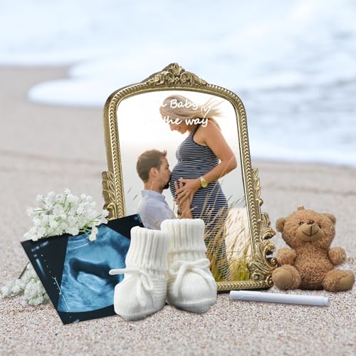 Fiwochic Pregnancy Announcement Mirror Newborn Cozy Shoes 12 Baby Breath Artificial Flowers Bear Doll and White Erasable Pen for Beach Photography Pregnancy Announcement Celebration