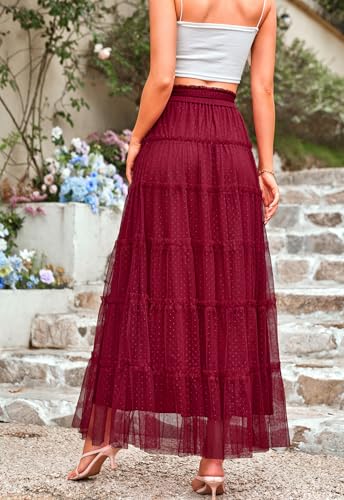 Long Skirts for Women 2025 Fall Casual Tulle Swiss Dots A-Line Flowy Ruffle Tiered High Waist Maxi Skirt Vacation Outfits3