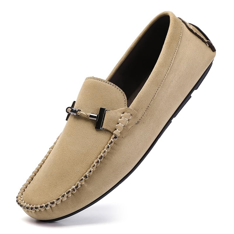 Mens Loafers Suede Vamp Round Toe Driving Shoes Resistant Flat Heel Comfortable Prom Slip On(Khaki,10)2