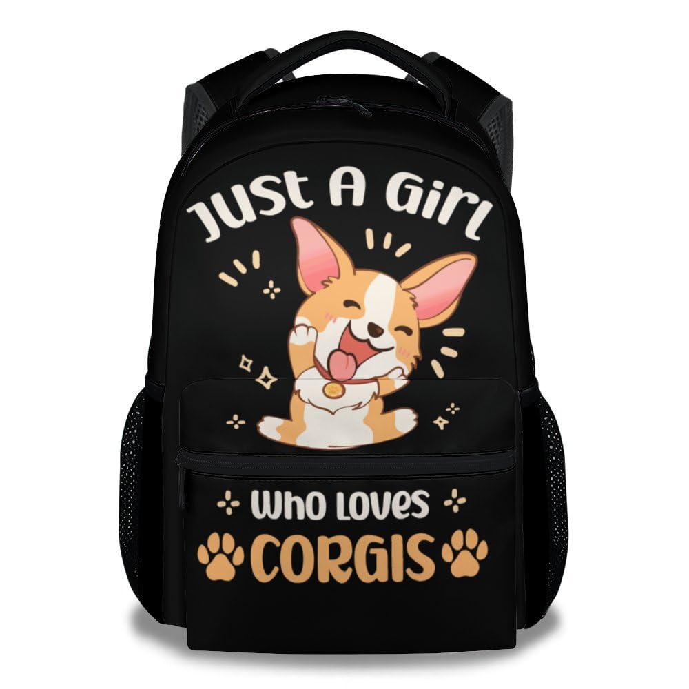 PoshWrap Corgi School Backpack for Girls - 16 Inches Black Backpacks for Teens - Carry Cartoon Bookbag for Elementary