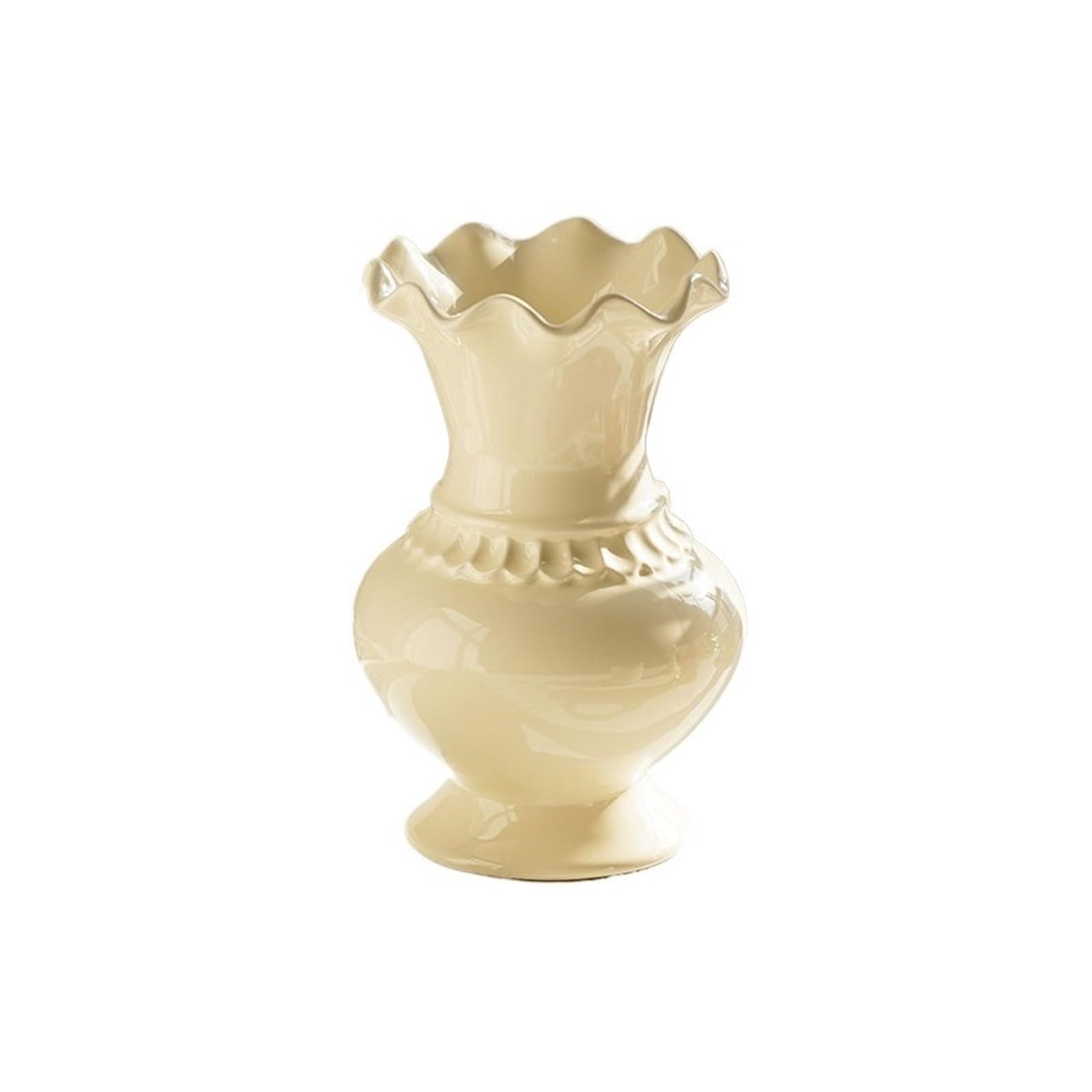 Zyyanshop One Color Flower Vase Retro Cream Wave Rim Ceramic Vase 21Cm Pear Shaped Ornament For Flower Arrangement