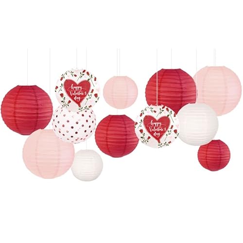 NICROHOME Valentinstag Dekorationen, 12 STÜCKE Rot Rosa Herz Papierlaternen für Valentinstag, Jubiläum, Hochzeit hängende Dekorationen Cover
