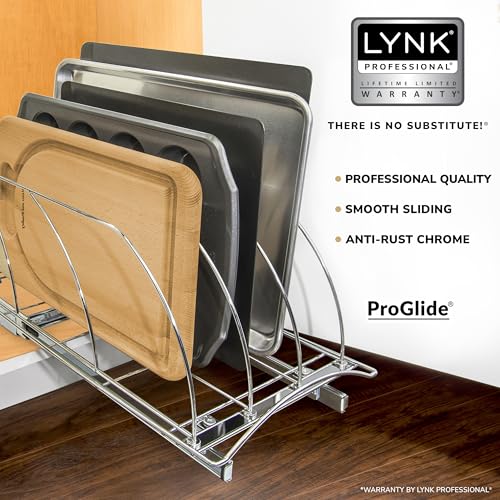 LYNK PROFESSIONAL® Slide Out Cutting Board, Bakeware, and Tray Organizer - Pull Out Kitchen Cabinet Organizer - 10 inch wide x 21 inch deep - Chrome