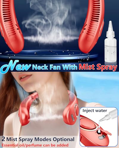 Image of Portable Neck Fan with Water Mist, 4000mAh 4-9H Lasting, LED Display & 5 Fan-Speed, Dual Vents Rechargeable Neck AC, Hands-Free Bladeless Face Fans for Women Men Teens Birthday Gifts Beach Golf, Red