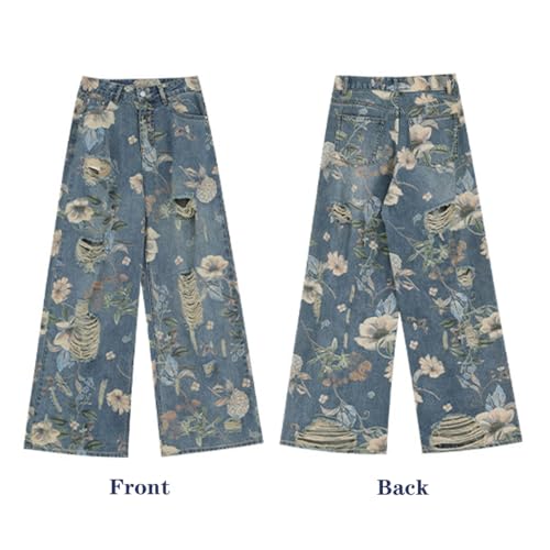 Women's Jeans, Women's Retro Floral Print with Holes, Loose Straight Leg Wide Leg Denim Pants, Y2K Jeans3