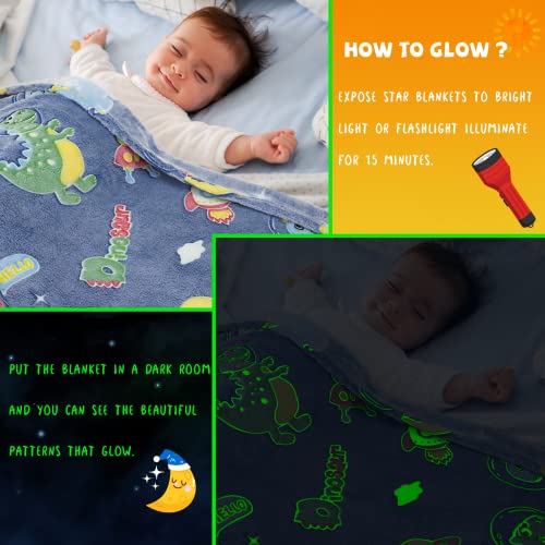 Image of REXEO Dinosaur Toys Gifts Blanket for Boys Age 3-10, Space Dinosaur Glow in The Dark Blanket for Kids, Galaxy Dino Throw Blankets, Birthday Gifts for Boys Toddlers, Soft Fleece Kids Throw 50 inch x 60 inch