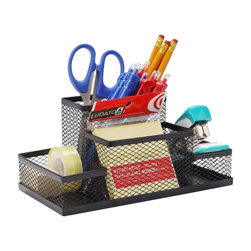 Ludato Desk Organizers Pen Holder for Desk, 4 Compartments Black Mesh Pen Holder Storage for Office Desk Accessories