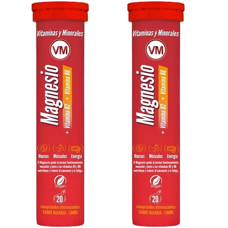 Pack 2 x Magnesio con B2 y B6 Efervescente 20 comprimidos (40) – Complemento en pastillas efervescentes, sabor agradable, fácil de disolver, formato práctico
