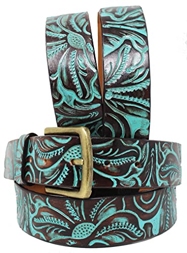 CHALLENGER 35-36 Men's 1-1/2" Wide Tan Leather Floral Tooled Casual Jean Belt 26FK102