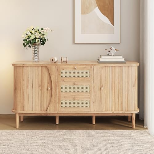 LULUWA Buffet avec portes coulissantes, 140,5 x 40 x 76 cm, en rotin, avec étagères réglables et plateau arrondi, commode à vaisselle, meuble debout (bois)