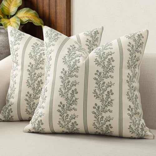 DKwizme Vintage Throw Pillow Covers 18x18 Set of 2 Striped Floral Pillow Cover Botanical Patterned Decorative Cushion Covers Modern Farmhouse Home Decor for Sofa Couch Bed Living Room Moss Green
