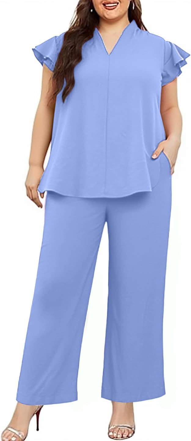 AOVDE Women Plus Size Pants Suit Sets Short Sleeve V Neck 2 Piece Dressy Pantsuit Formal Office Outfit