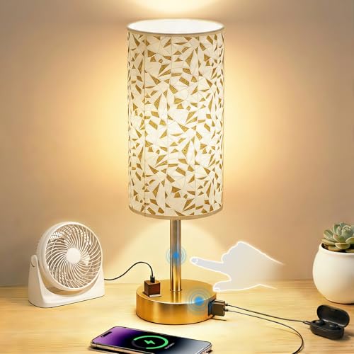 Image of Table Lamp, Dimmable Touch, AC Outlet, USB A+C (Triangle&Gold) | 3-Way Dimmable, Small Touch Lamp with Eye-Care LED Bulb, Ideal Bright Lighting Bedside Lamps for Nightstand, Bedroom, Reading