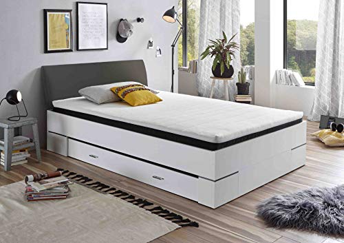 DEINE TANTE EMMA 22-142-O1 Lena Weiß/Anthrazit Grau Bett Jugendbett Gästebett Einzelbett Futonbett inkl. Rost, Matratze & Schubkasten 140 x 200 cm Cover