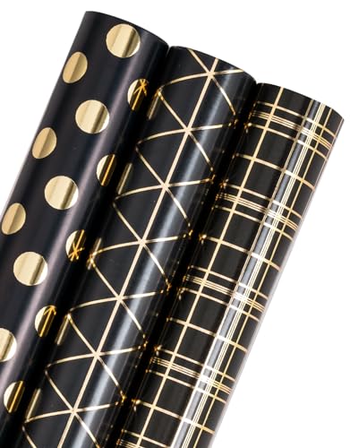 WRAPAHOLIC Black & Gold Geometric Wrapping Paper - 3 Rolls 17 x 120 Each - Perfect for Multiple Occasions