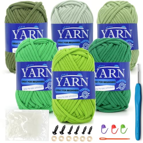 Image of Green Series 6 Pack Cotton Nylon Blend Yarn for Beginners - Easy Crochet & Knitting Kit with Clear Stitches