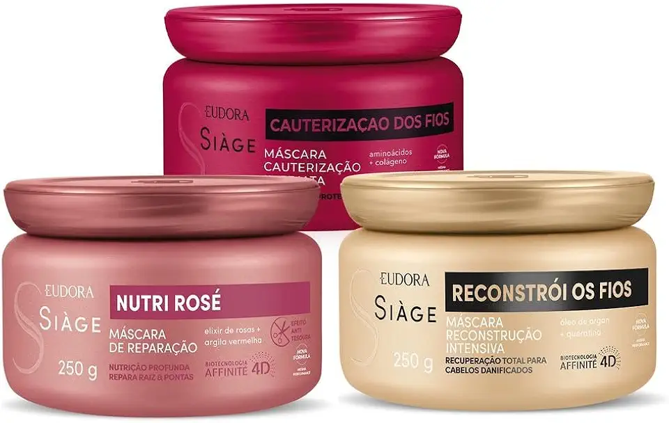 Eudora Kit Máscara Capilar Siàge: Cauterização, Reconstrução e Nutrição dos Fios 250g + Nutri Rosé