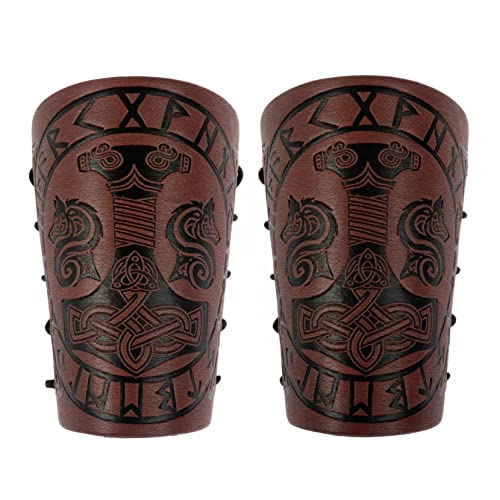2 Stück Wikinger-Armschienen, Mjölnir-geprägte Armschützer, handgefertigte Leder-Armschützer, Mittelalterliches Gauntlet-Armband, Vintage Dragonweave-Armschienen für Männer (Braun) Cover