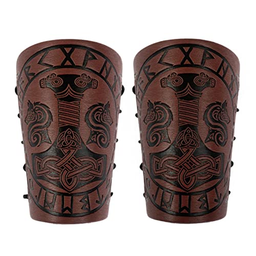 Thajaling 2 Pieces Viking Bracers, Mjolnir Embossed Arm Guards, Handcrafted Leather Armguards, Medieval Gauntlet Wristband, Vintage Dragonweave Bracers for Men (Brown)