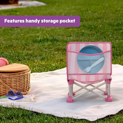Image of Bright Starts Pop 'N Sit Cabana Baby Beach Portable Booster Chair with UPF Canopy, Floor Seat for Indoor /Outdoor Use, Compact Fold, Pink, 6 Months-3 Years