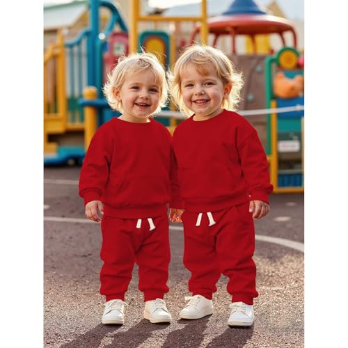 CM C&M WODRO Baby Outfit Jungen Mädchen Kleidung Kinder Sweatshirt + Hose Zweiteiler Set Neugeborene Babykleidung Einfarbig Pullover mit Taschen Bequeme Warme Herbst Langarmshirt(Rot,18-24Monate)