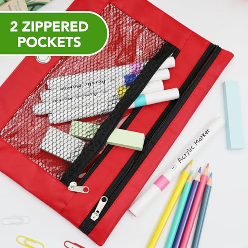 Image of Pencil Pouch for 3 Ring Binder, Heavy Duty Canvas Dual Zipper Pen Bag with Clear Window, Smooth Metal Zipper, Fit Standard 3-Ring Binders for School Office Travel Supplies (Red)