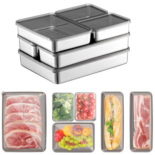 Kongming Embutido Nevera Cajas Organizadoras con tapa Acero Inoxidable 304 Recipientes Herméticos para Alimentos Organizador Frigorifico Porta Embutidos para almacenaje quesera, fiambre (6 piezas)