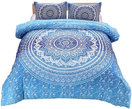 Meeting Story 3Pcs Mandala Bohemian Moonlight Bedding Bedspread Queen Comforter Set Boho Comforter Set Queen (Blue, Queen)