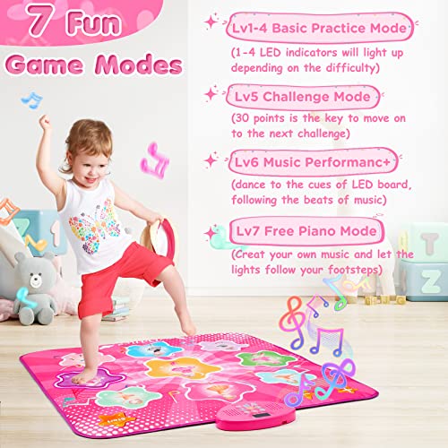 URMYWO Tanzmatte Spielzeug für Kinder ab 3 4 5 6 7 8 Jahre,Musik-Tanz-Spielmatte mit LED-Lichtern,7 Spielmodi, eingebaute Musik,Tanzspiel Weihnachten Geburtstags Geschenke Kinderspielzeug