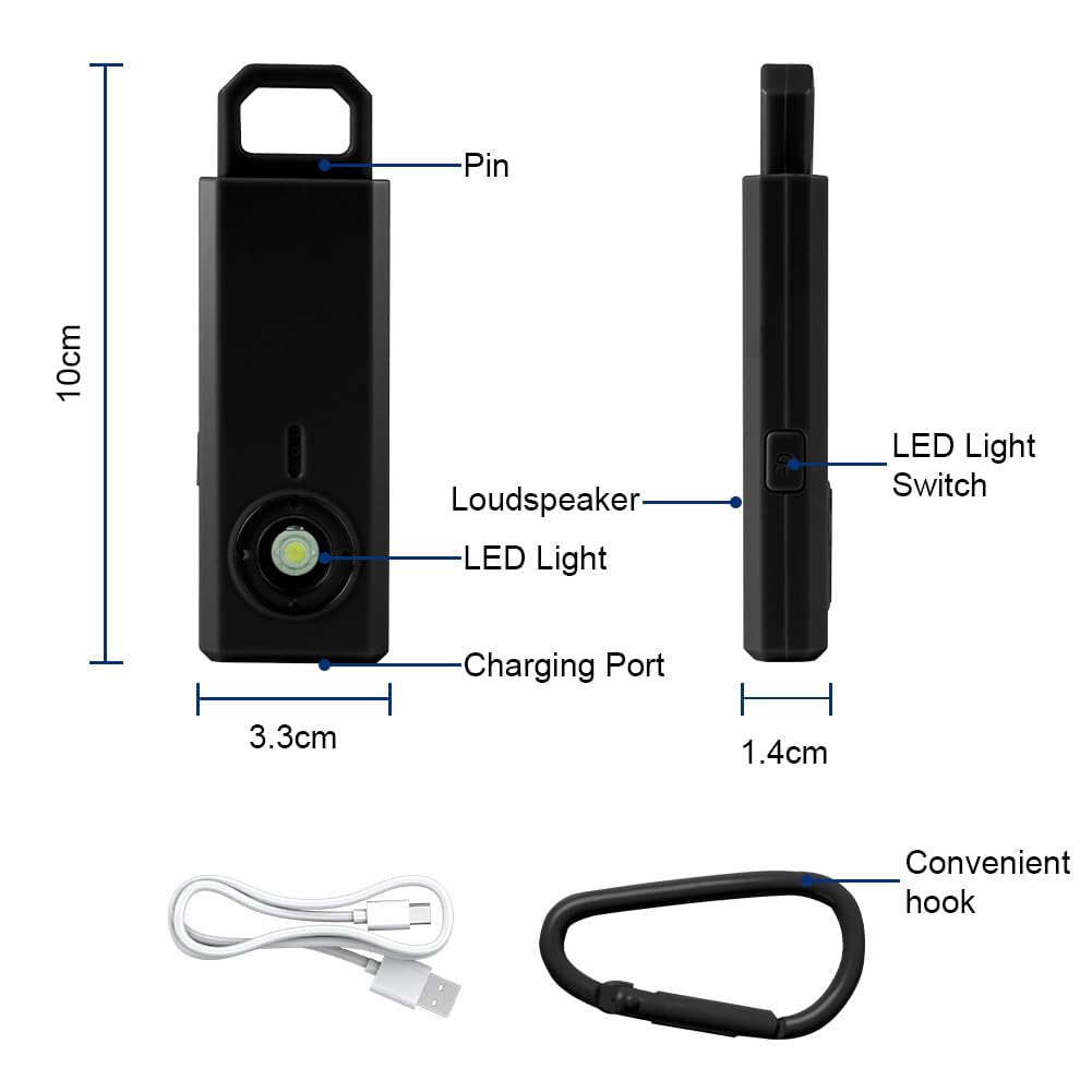 HOTUT Allarme Personale Anti Aggressione,130dB Portachiavi Autodifesa con Luce Stroboscopica,Ricaricabile Sicurezza Personale di Emergenza per Zaino in Spalla, Donne, Uomini(Nero + Blu)