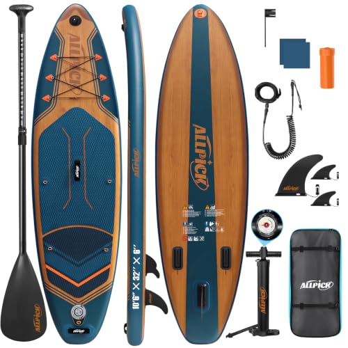 ALLPICK Premium SUP Board Set Stand Up Paddling Board Aufblasbar Mit Universal Kamerahalterung Komplettes Zubehör Verstellbares Paddel Anfänger und Fortgeschrittene 180kg Marineblau