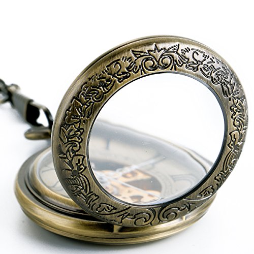 Image of SIBOSUN Pocket Watch Mechanical Skeleton Antique Men Bronze Roman Numerals Hand Wind