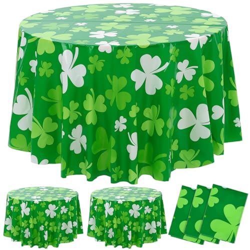 Image of Hahafelt 3 Pcs St Patricks Day Plastic Round Tablecloth 84 Inch Green Shamrock Disposable Table Cover Irish Lucky Clover Circular Table Cloth for St Patricks Day Picnic Birthday Party Decoration
