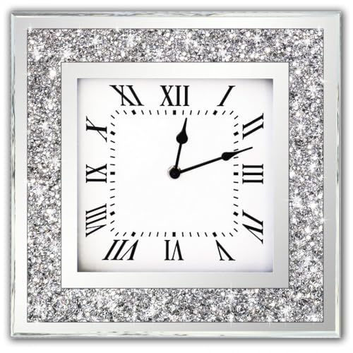 Ornamento bling diamante regalo | cristallo sciolto diamante elegante cristallo specchio gioiello romano orologio da parete silenzioso per casa ufficio soggiorno camera da letto 35 x 35 cm
