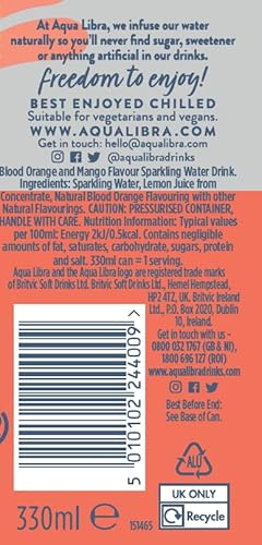 AQUA Libra Sparkling Water, Sugar-Free Fruit Water, No Sugar, No Calories, Blood Orange and Mango, 330 ml (Pack of 24)