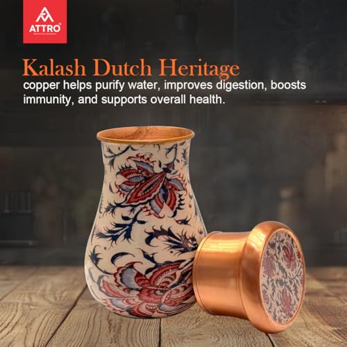 Image of ATTRO Kalash Copper Water Pot - Designer Water Storage & Serving, Ayurvedic Health Benefits, Supports Overall Health & Healthy Skin, 750ml Dutch Heritage