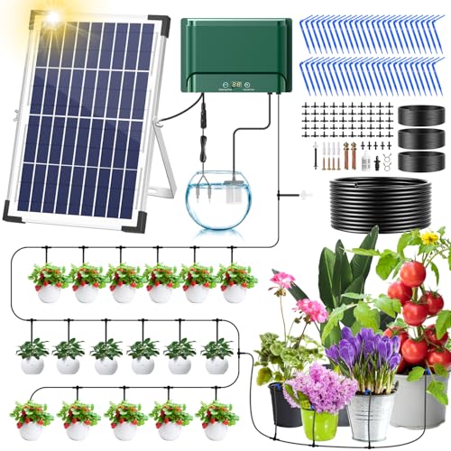 Onherm Irrigazione Automatica Solare per Vasi da 1 a 50 Piante, Kit di Irrigazione a Goccia Solare con Timer e Tubo Gocciolante da 50M per Giardino, Balcone e Piante da Esterno