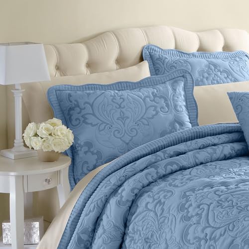Montgomery Ward Emily Floral Chenille Bedspread, Soft Cotton Comforter Set, Queen Size Quilt - Luxury Hotel Bedding, Queen Bedspread (Blue, Queen)