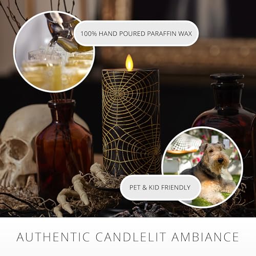 Image of Luminara Spider Flameless LED Candle, Black & Gold 3 inch x 6.5 inch, Moving Flame Pillar, Battery Operated Timer Real Wax Halloween Gothic Home Decor