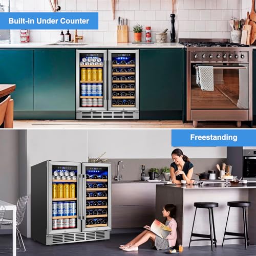 Image of 30 inch Wine and Beverage Refrigerator - Dual Zone Wine and Beverage Cooler, Under Counter /Freestanding Wine and Beer Fridge Holds 29 Bottles & 110 Cans - Ideal for Home, Bar, and Office-Premium Cooling