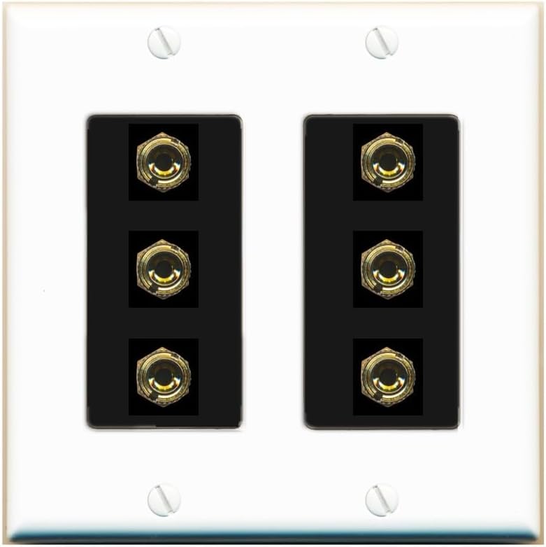RiteAV 6 Banana 3 Speaker Surround Female Coupler Binding Post Wall Plate - 2 Gang [Light-Almond]