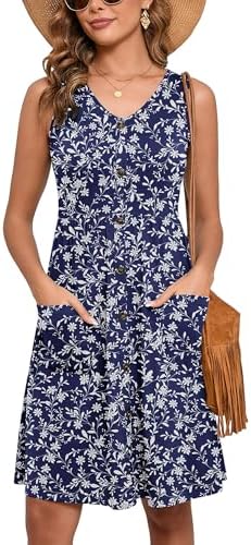Heymoments Women's Summer Dresses Sleeveless Casual Fashion Loose Swing Button Down Beach Dress with Pockets
