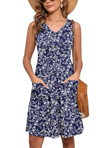 Image of Heymoments Women's Summer Dresses Sleeveless Casual Fashion Loose Swing Button Down Beach Dress with Pockets