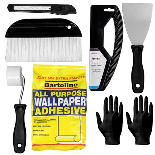 Wallpaper Adhesive Kit - Set Includes 10 Roll Adhesive Paste and Wallpaper Kit Containing Smoother Roller Hanging Brush Scraper Trimmer and Gloves