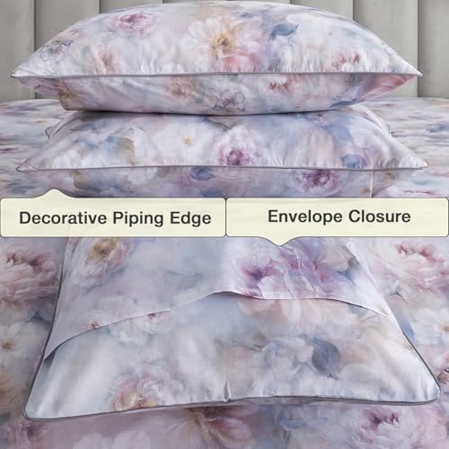 Image of Shabby Floral Chic Sheets, King Size 100% Cotton Percale Purple Flower Sheet Set, Soft Crisp Vintage Bed Sheets, Deep Pocket Fitted Sheet, Luxury Cozy House Bedding, Butterfly Print, 4Pcs