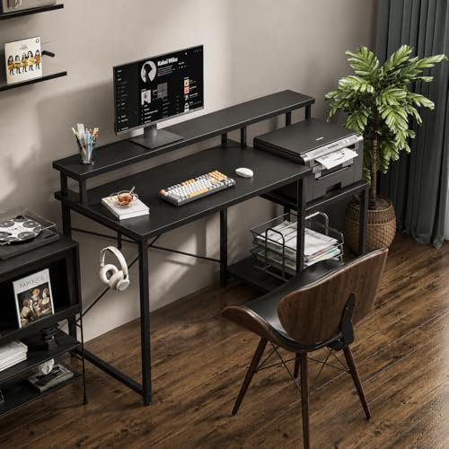 Image of Gaming Desk with Monitor Stand & Storage Shelves | Study & Computer Desk with Headphone Hook | Reversible Office for PC Setup | Black | 120x60x87 cm