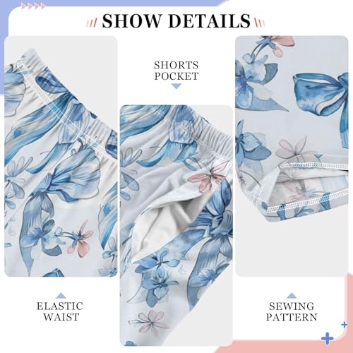Pajama Bottoms, Blue Floral and Bow Pajamas Pant Sleep Long Pants Lounge Wear Sleepwear Soft Pjs4