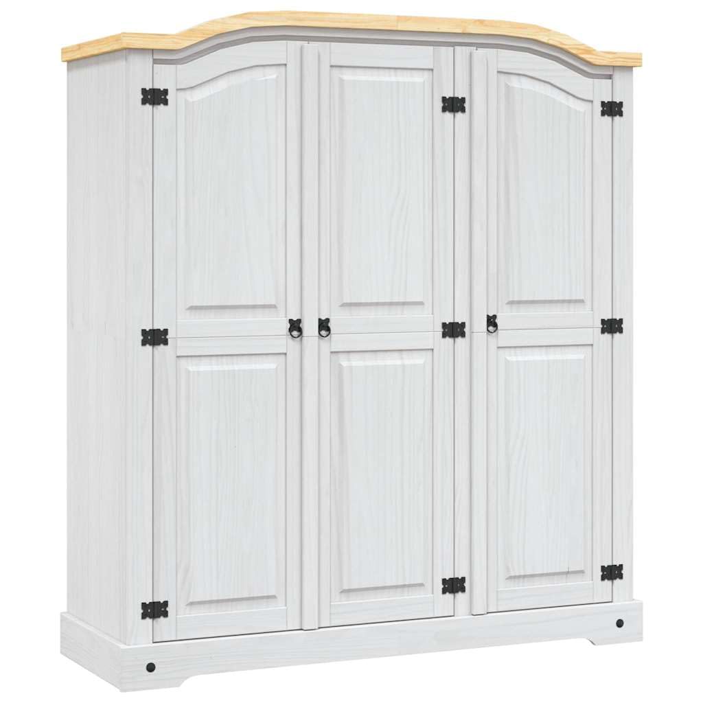 Szafa na ubrania z litego drewna sosnowego w stylu meksykańskim, biała z brązowym blatem, 3 drzwi, 151 x 52 x 170 cm, drążek na ubrania, półka wkładana, miejsce do przechowywania do sypialni
